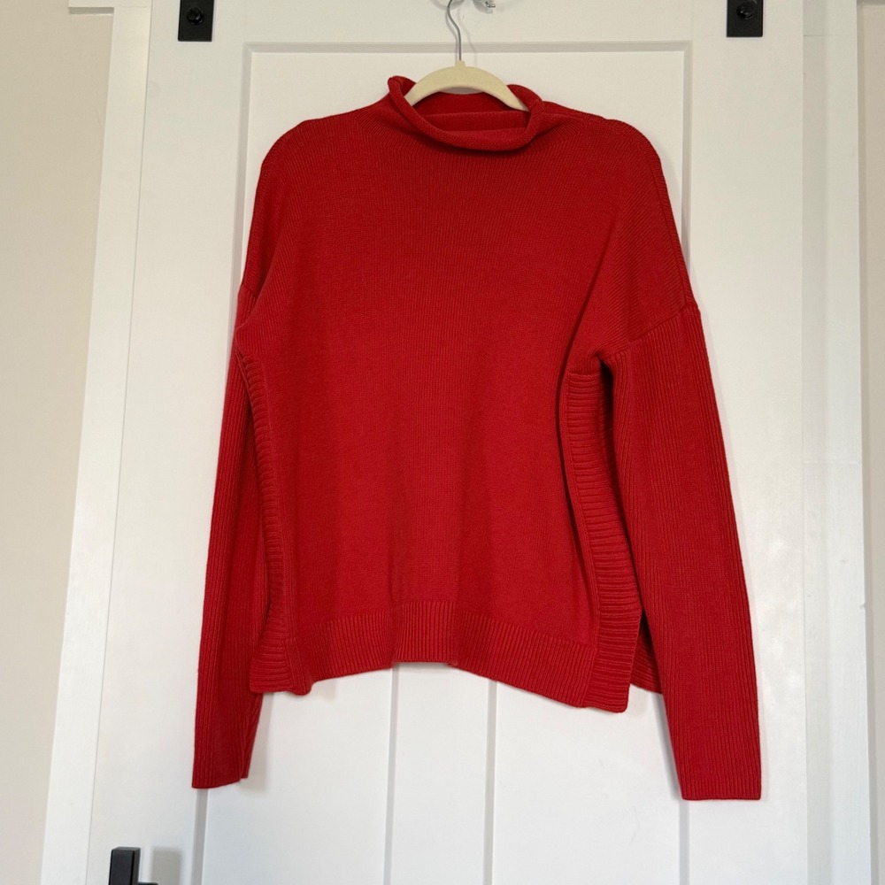 Tahari Red Mock Neck Sweater XL Cotton Blend Ribbed Drop Shoulder Pullover